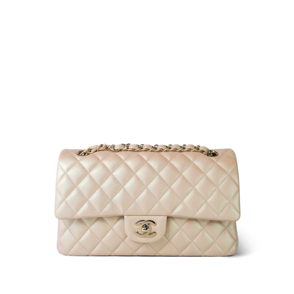 21S Pearly Beige Calfskin Classic Flap Medium Light Gold Hardware