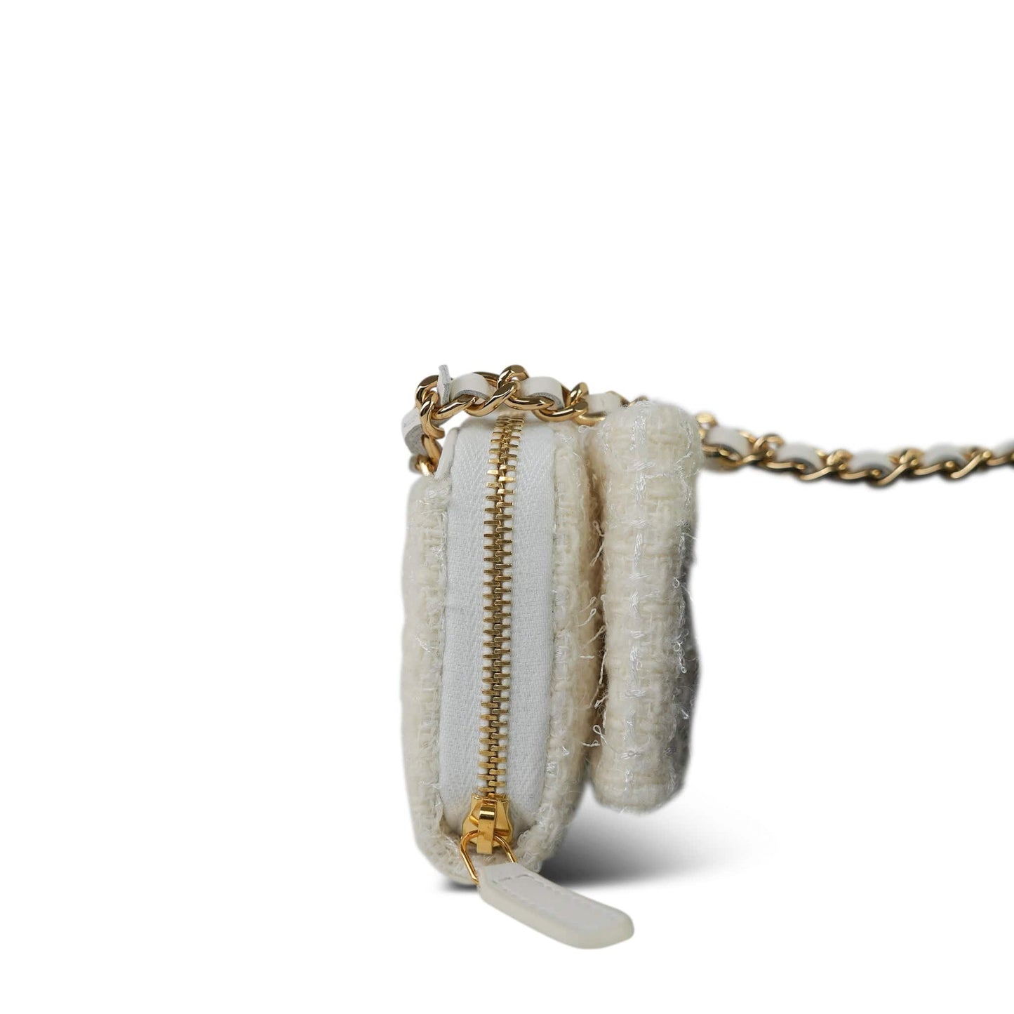 White Tweed Quilted Bow Card Holder On Chain Light Gold Hardware