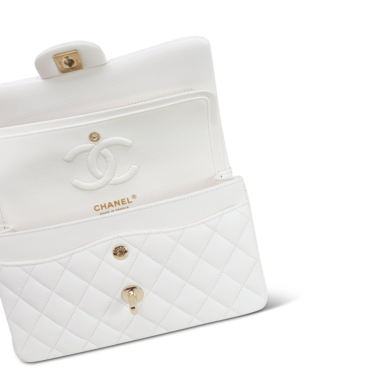 21B White Caviar Quilted Classic Flap Small Light Gold Hardware