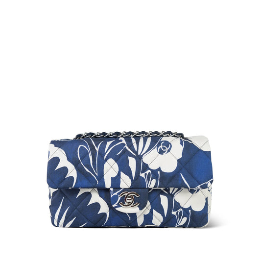 22B Navy/White Floral Printed Silk Single Flap Bag Medium Silver Hardware