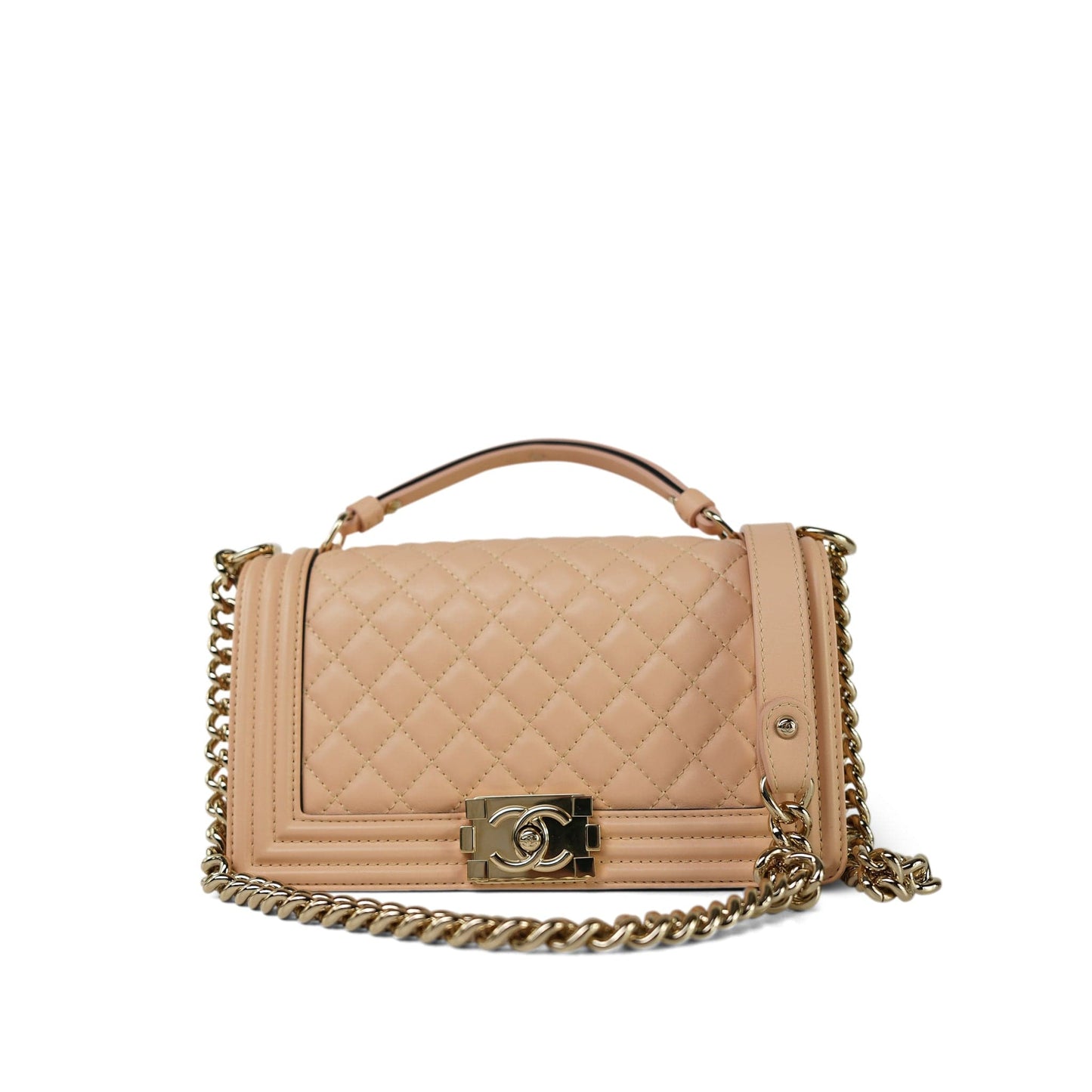 19S Beige Calfskin Quilted Top Handle Boy Bag Old Medium Light Gold Hardware