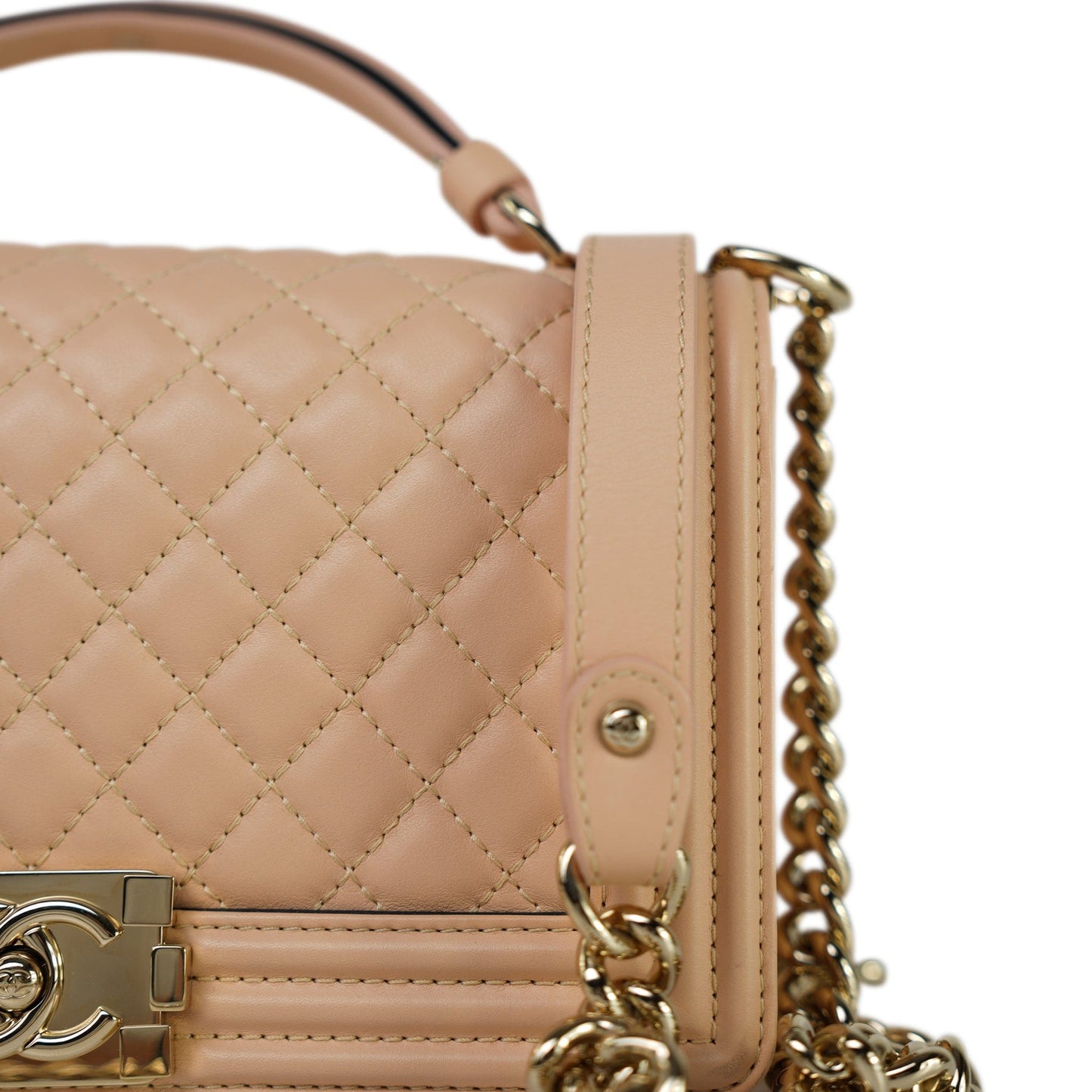 19S Beige Calfskin Quilted Top Handle Boy Bag Old Medium Light Gold Hardware