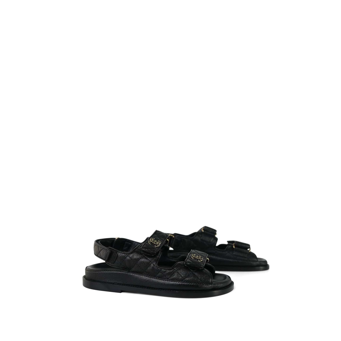 10B Black Calfskin Quilted Velcro Strap Sandals Size 34.5