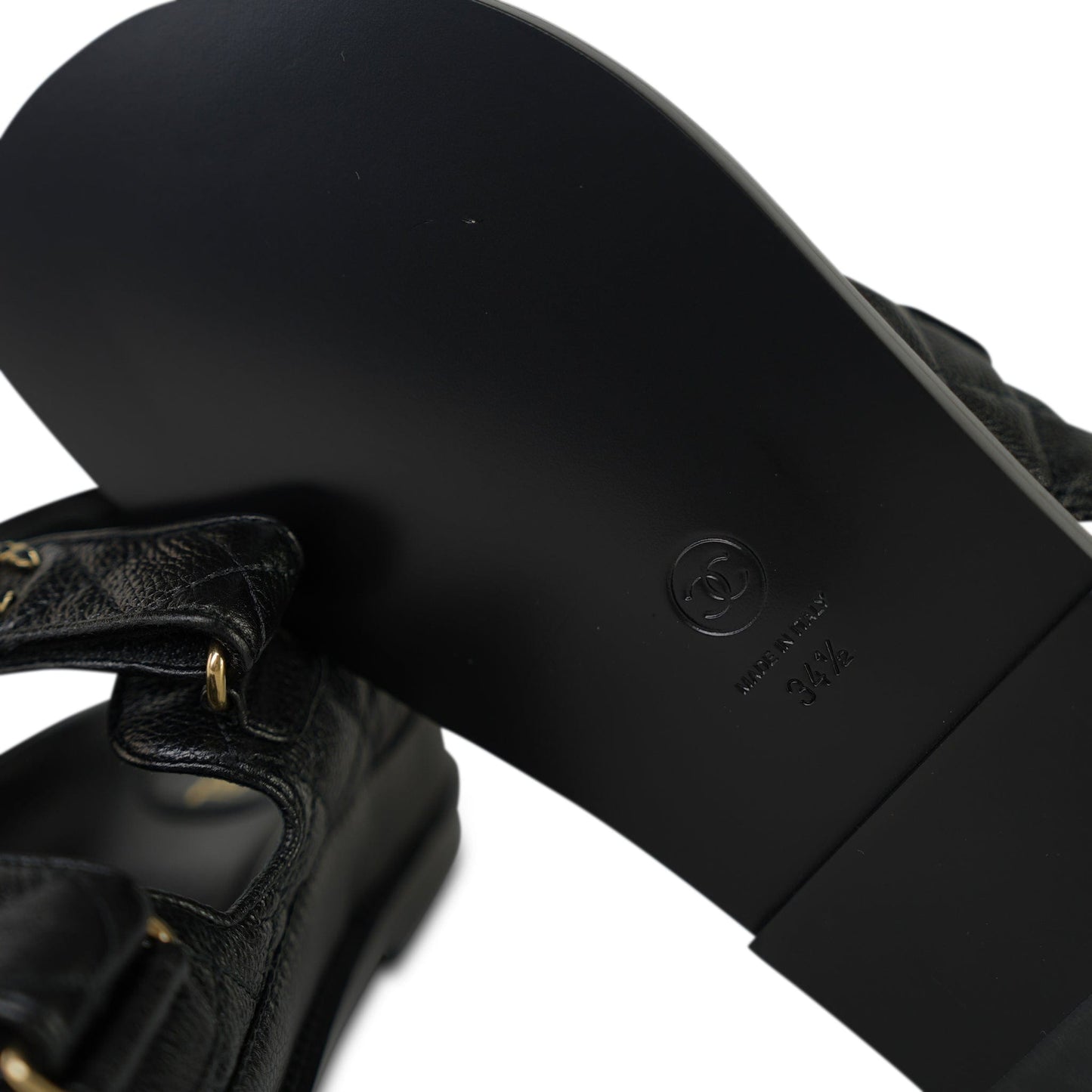 10B Black Calfskin Quilted Velcro Strap Sandals Size 34.5