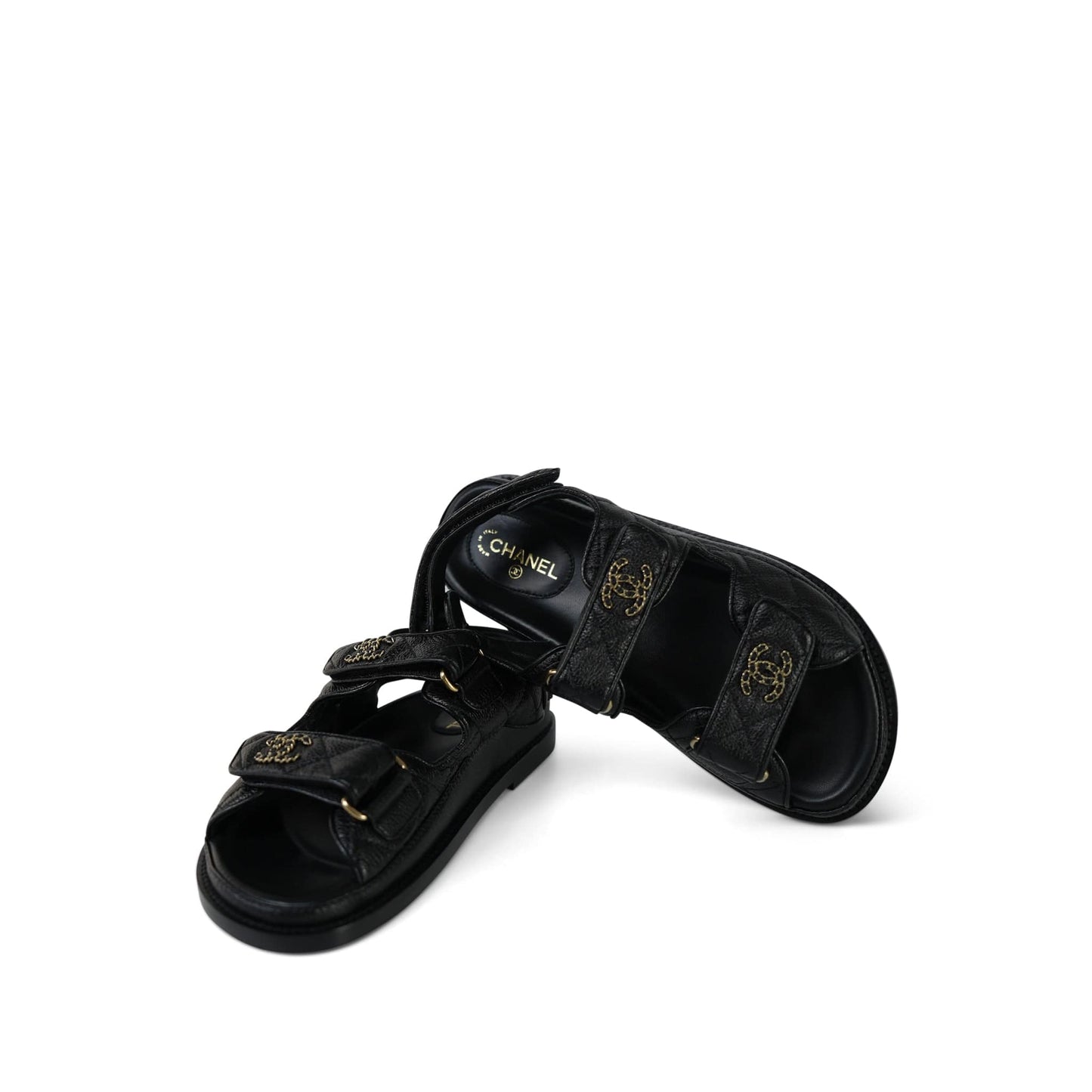 10B Black Calfskin Quilted Velcro Strap Sandals Size 34.5