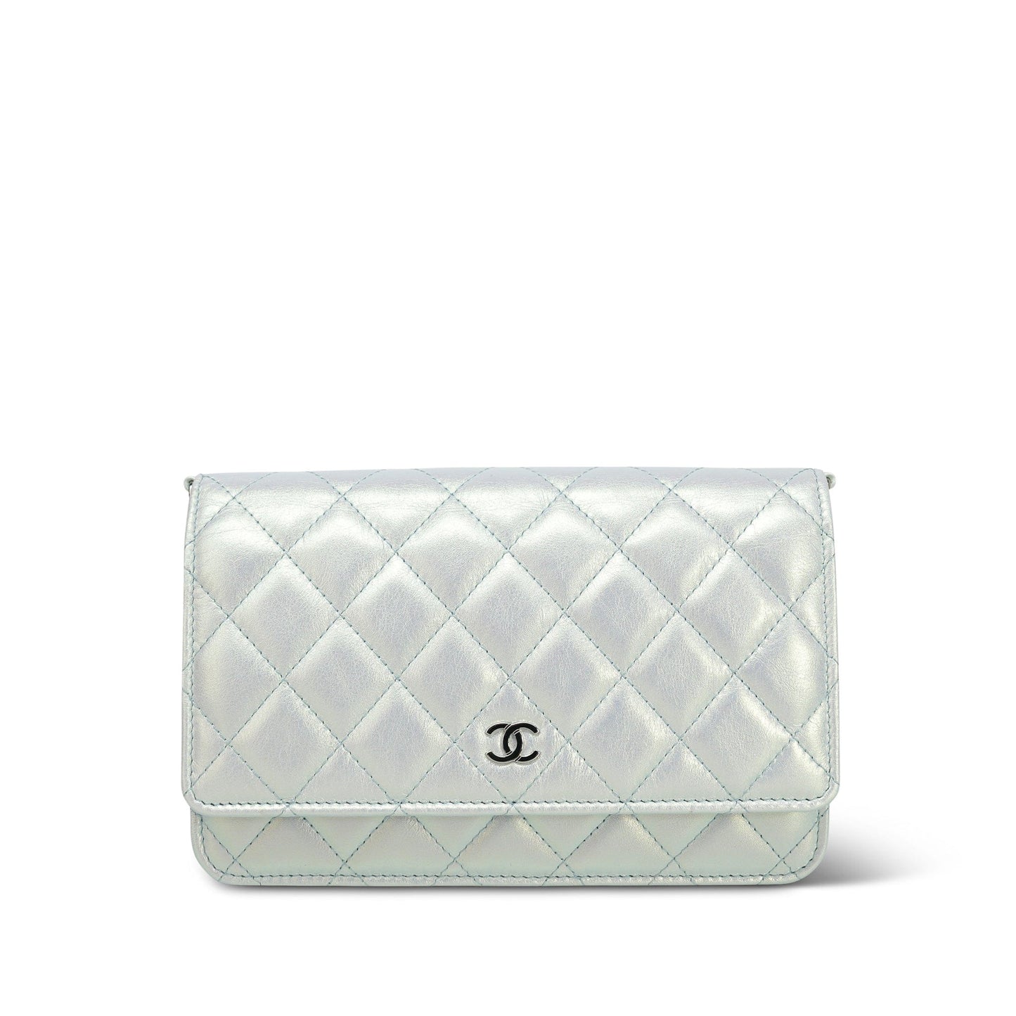 21K Light Blue/ White Iridescent Calfskin Quilted Wallet on Chain WOC Silver Hardware