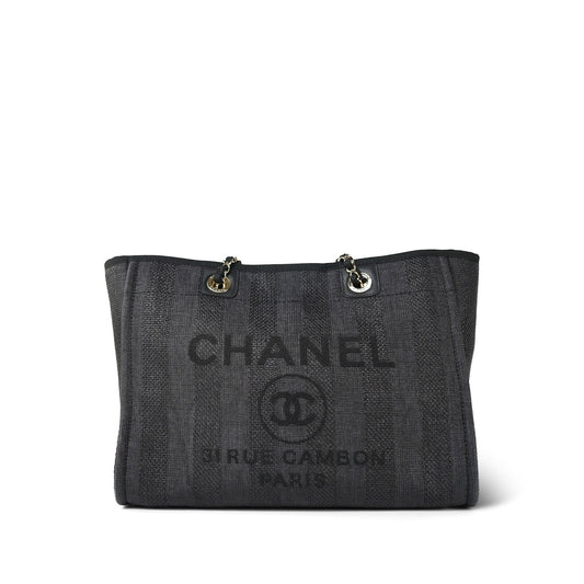 20P Black Stripe Raffia Deauville Shopping Tote Small Light Gold Hardware