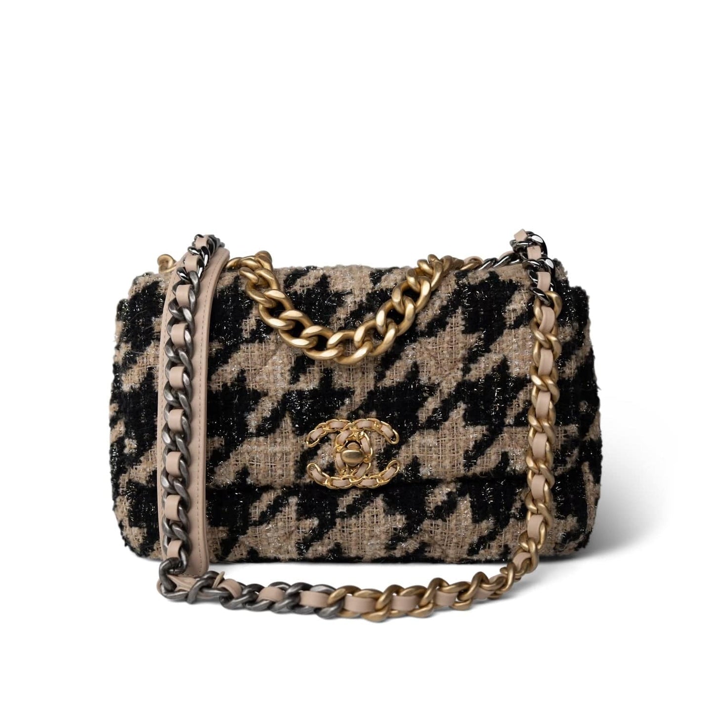 19K Beige/Black Tweed Quilted Houndstooth 19 Flap Small MHW