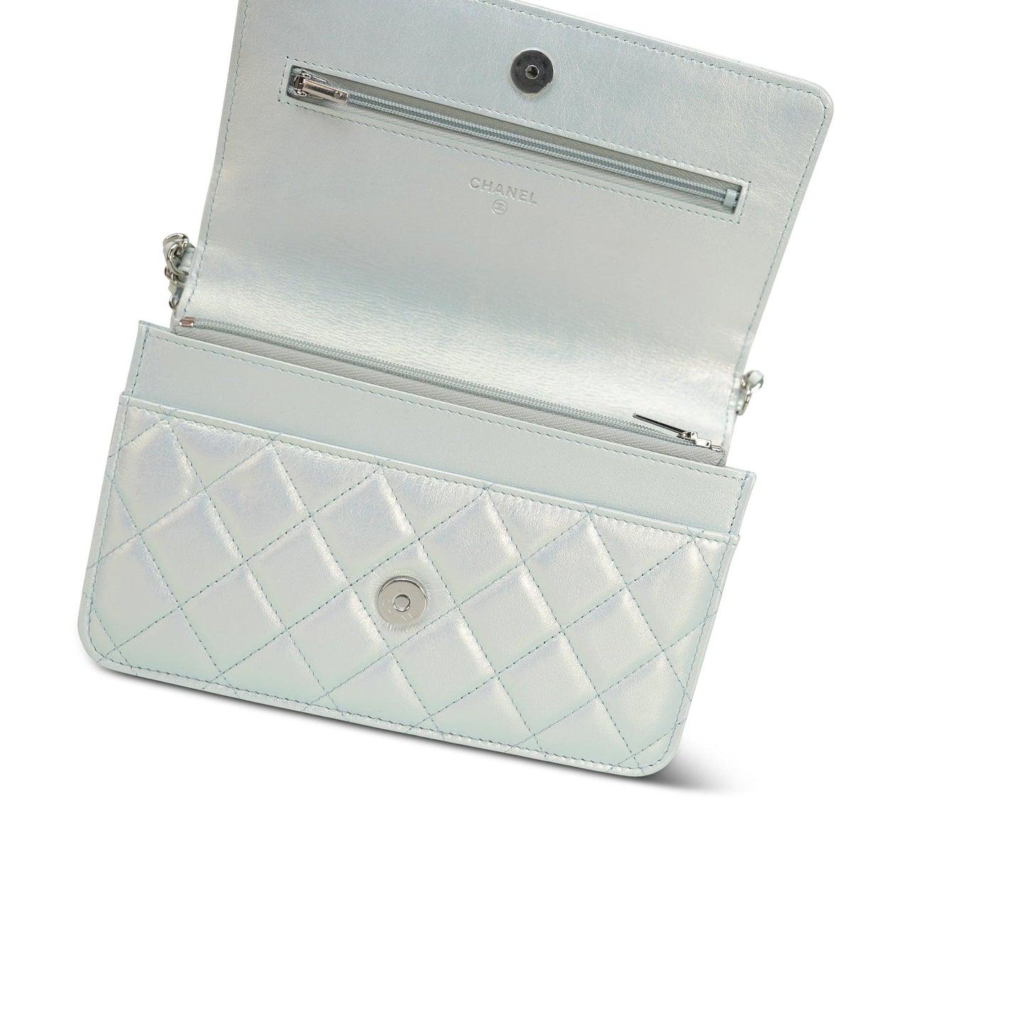 21K Light Blue/ White Iridescent Calfskin Quilted Wallet on Chain WOC Silver Hardware