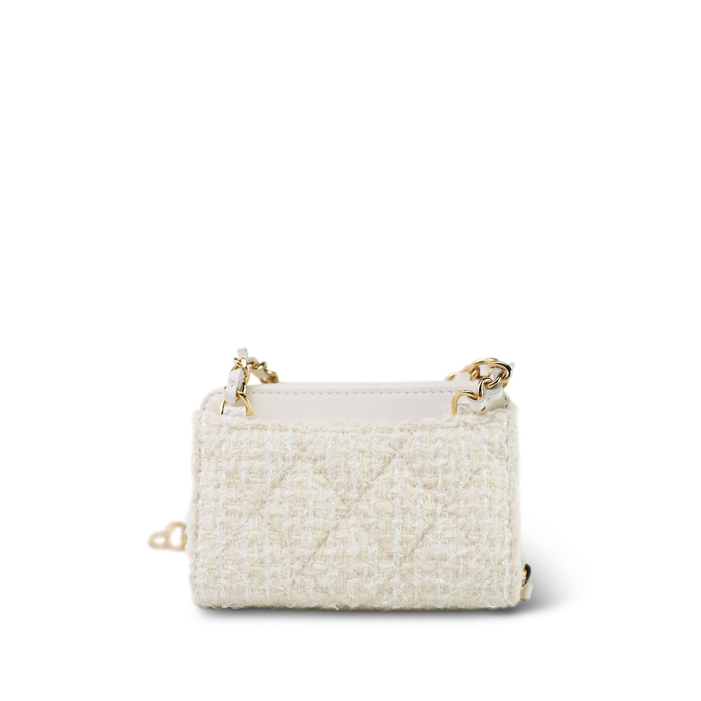 White Tweed Quilted Bow Card Holder On Chain Light Gold Hardware