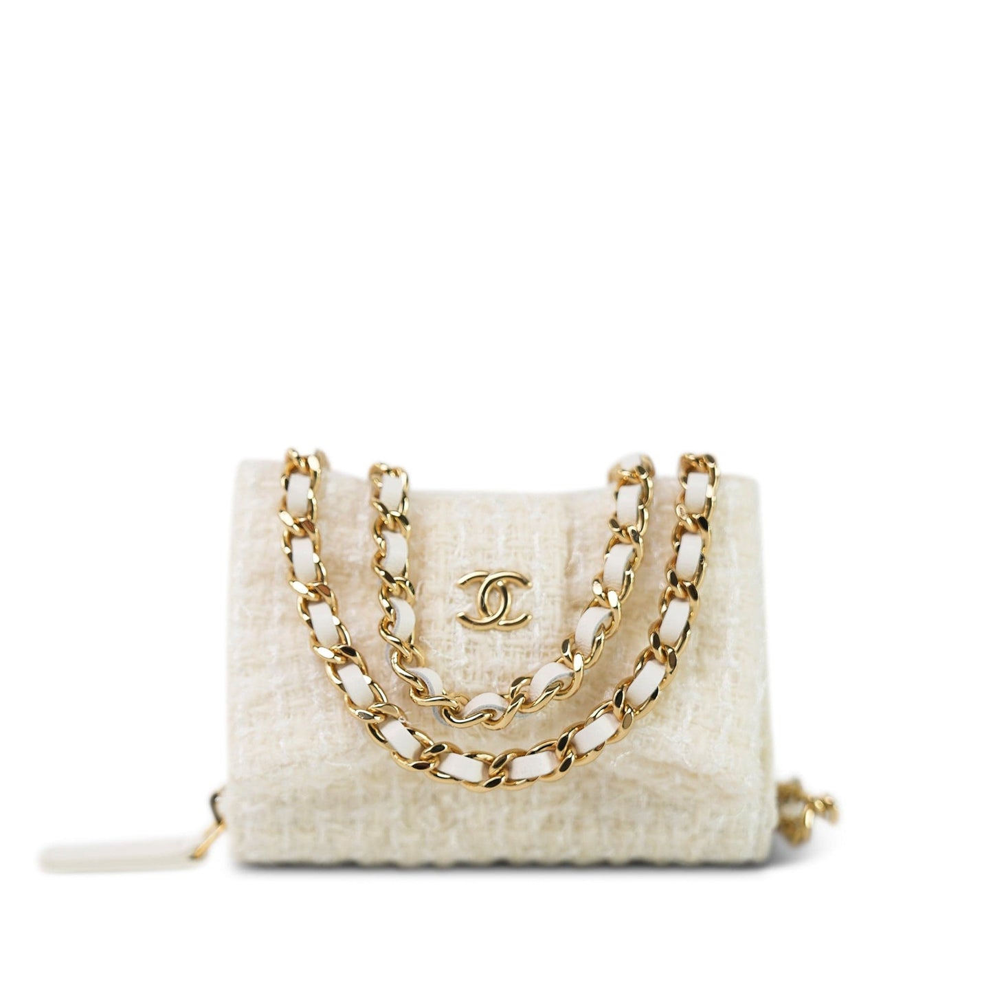 White Tweed Quilted Bow Card Holder On Chain Light Gold Hardware