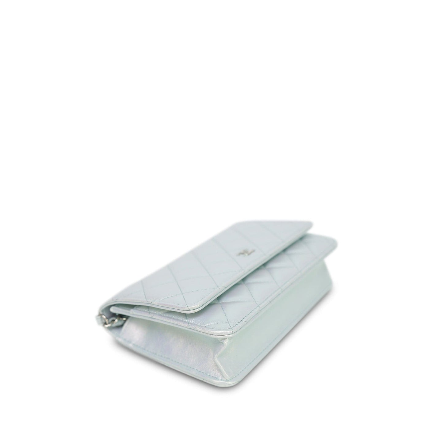 21K Light Blue/ White Iridescent Calfskin Quilted Wallet on Chain WOC Silver Hardware