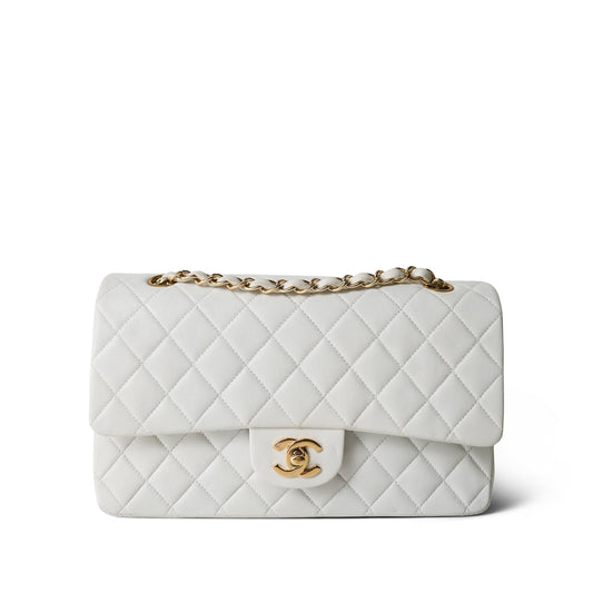 White Lambskin Quilted Classic Flap Medium Gold Hardware