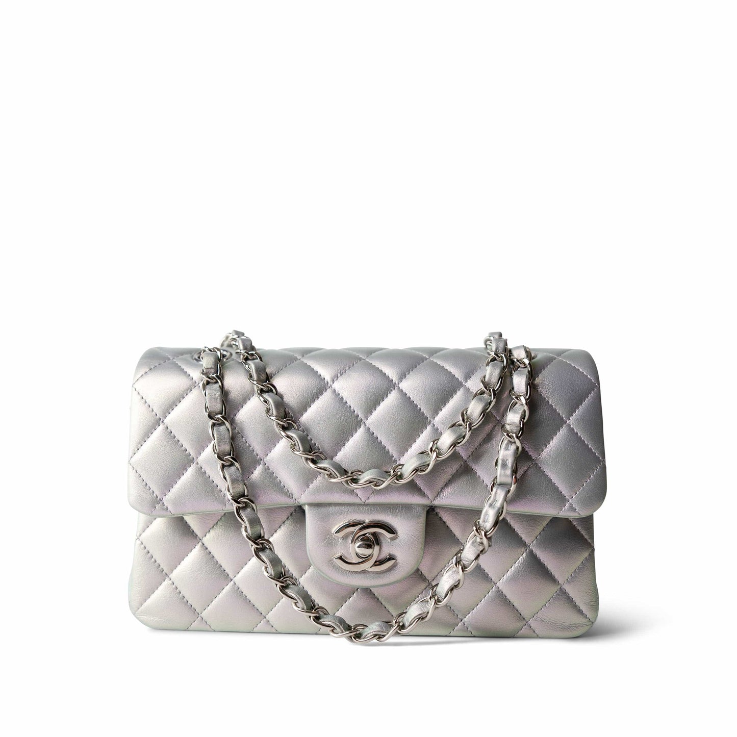 21K Iridescent Pearl Lilac Calfskin Quilted Classic Double Flap Small SHW