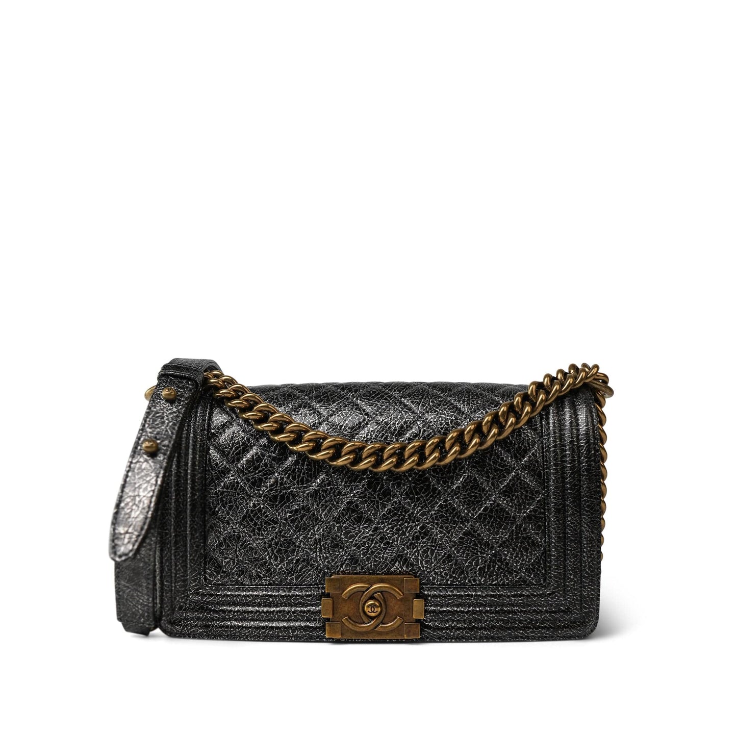 17A Black Silver Metallic Cracked Calfskin Boy Bag Old Medium Aged Bronze/Gold Hardware