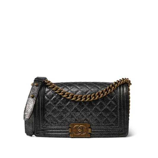 17A Black Silver Metallic Cracked Calfskin Boy Bag Old Medium Aged Bronze/Gold Hardware