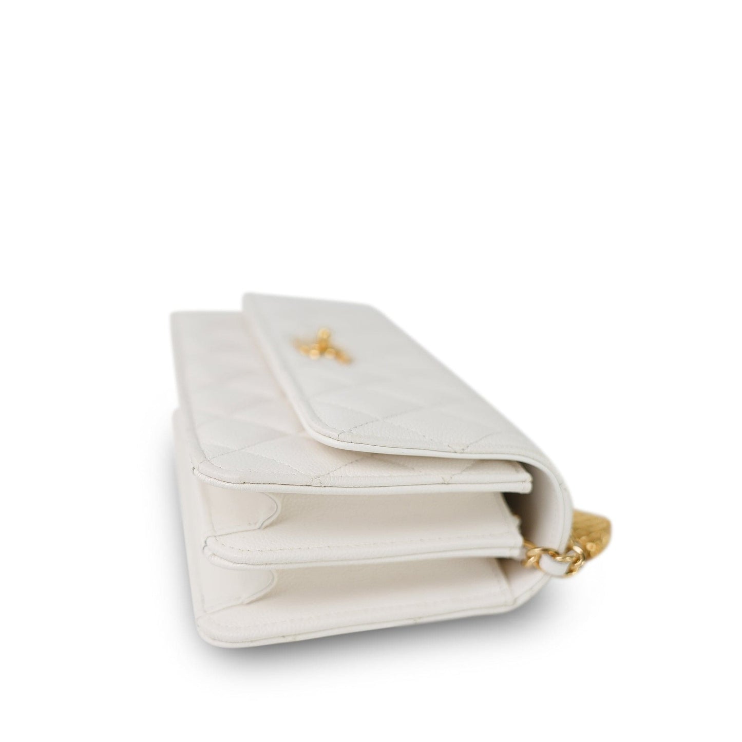 White Caviar Quilted Flap Charm Wallet On Chain WOC Gold Hardware