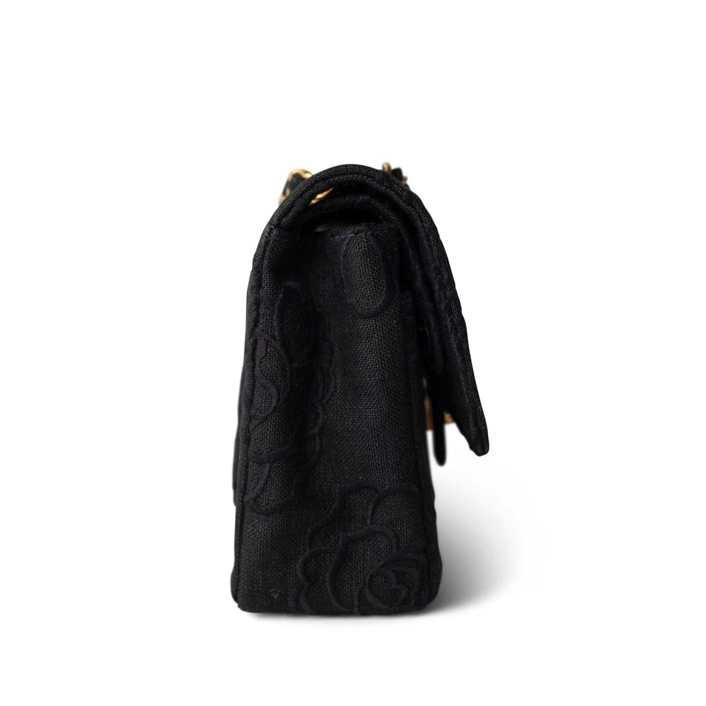 Vintage Black Canvas Camellia Classic Small Double Flap Gold Hardware