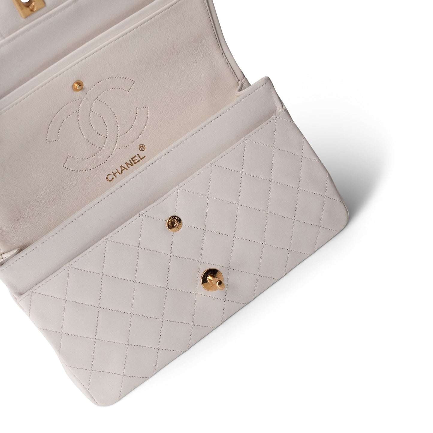 Vintage White Lambskin Quilted Double Flap Medium GHW