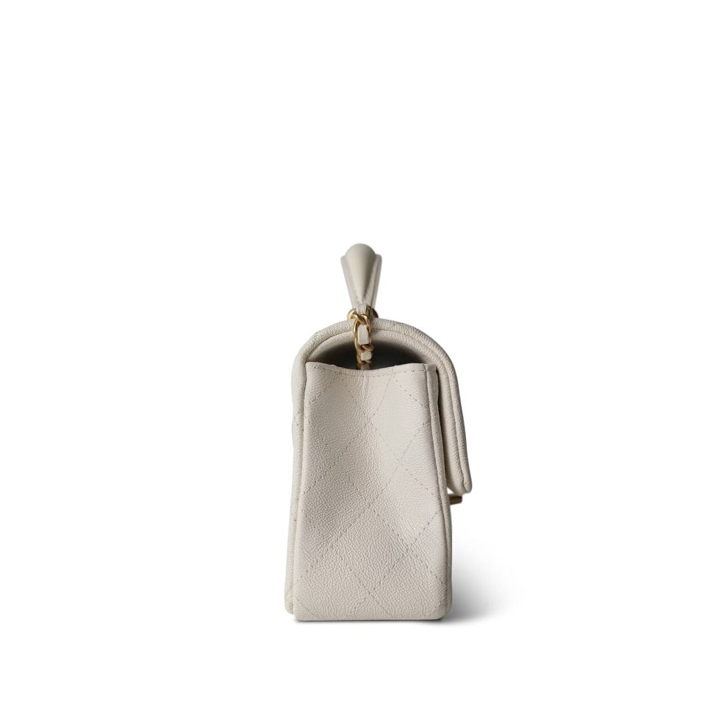 21S White / Ivory Caviar Quilted Mini Top Handle Aged Gold Hardware