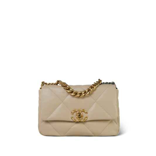 20A Beige Goatskin Quilted 19 Flap Small Mixed Hardware