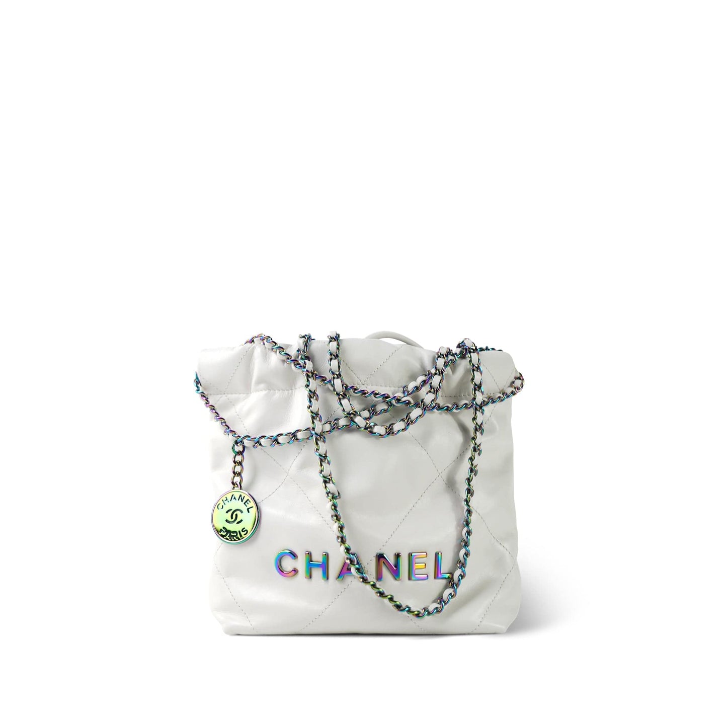 White Calfskin Quilted Mini 22 Bag Rainbow Hardware