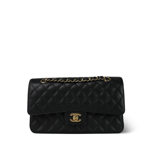 20S Black Caviar Quilted Classic Flap Medium Gold Hardware