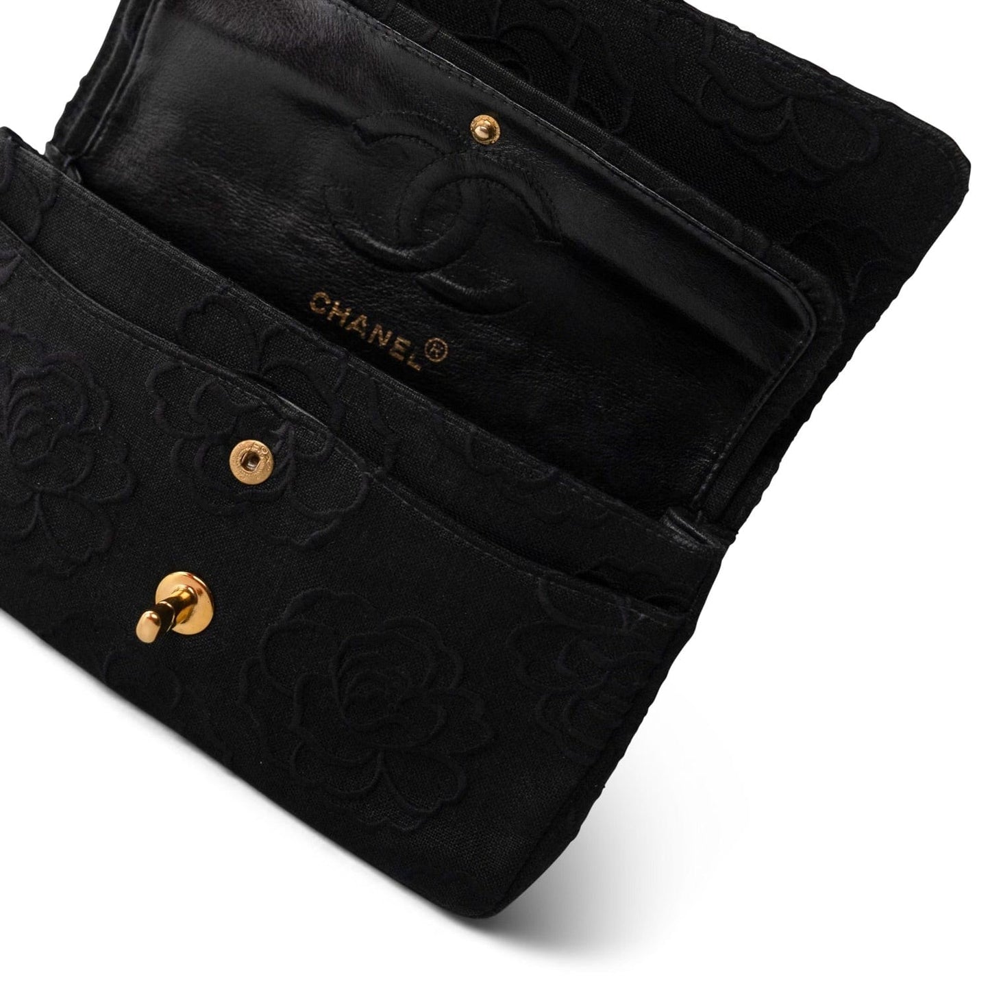 Vintage Black Canvas Camellia Classic Small Double Flap Gold Hardware