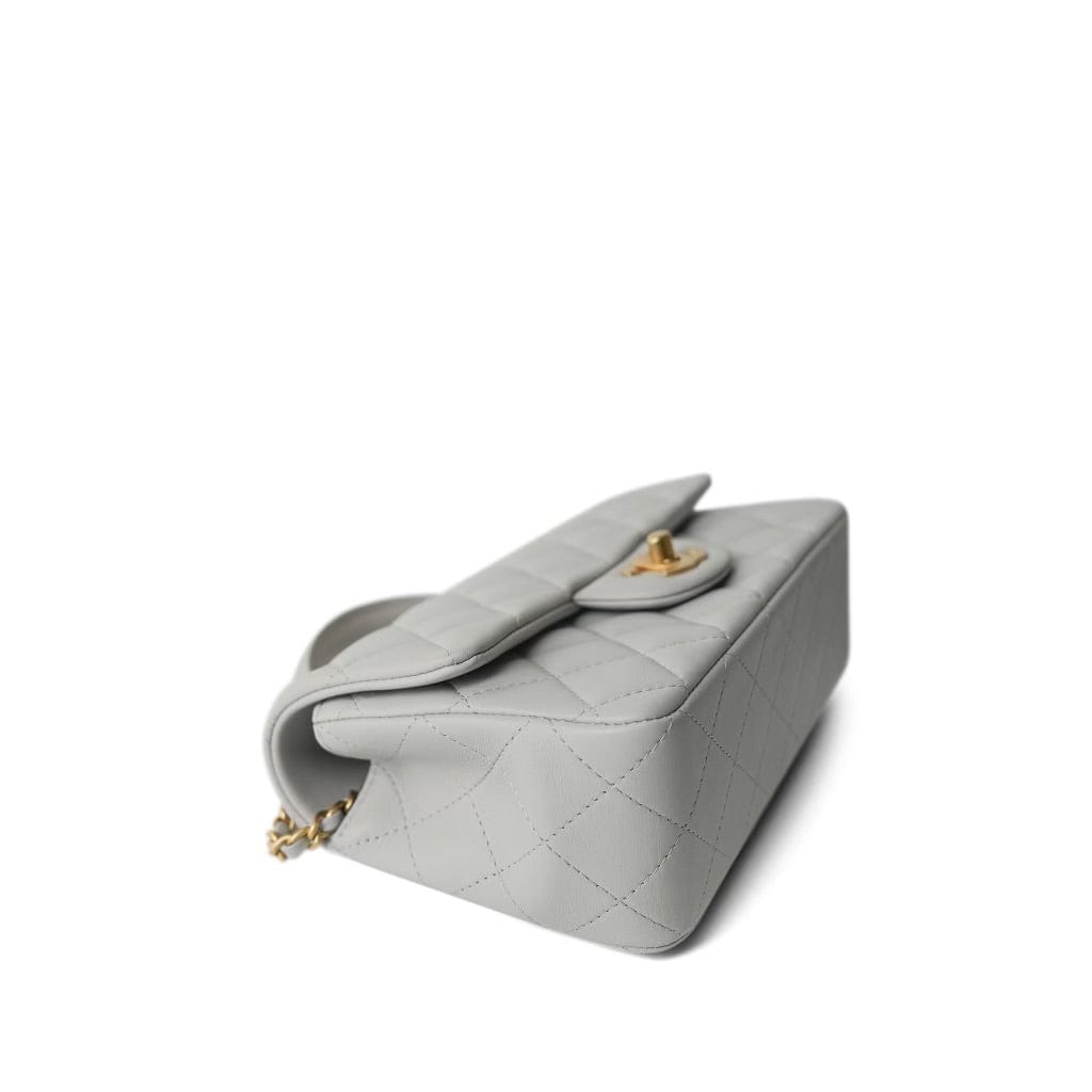 21A Grey Lambskin Quilted Mini Top Handle Aged Gold Hardware