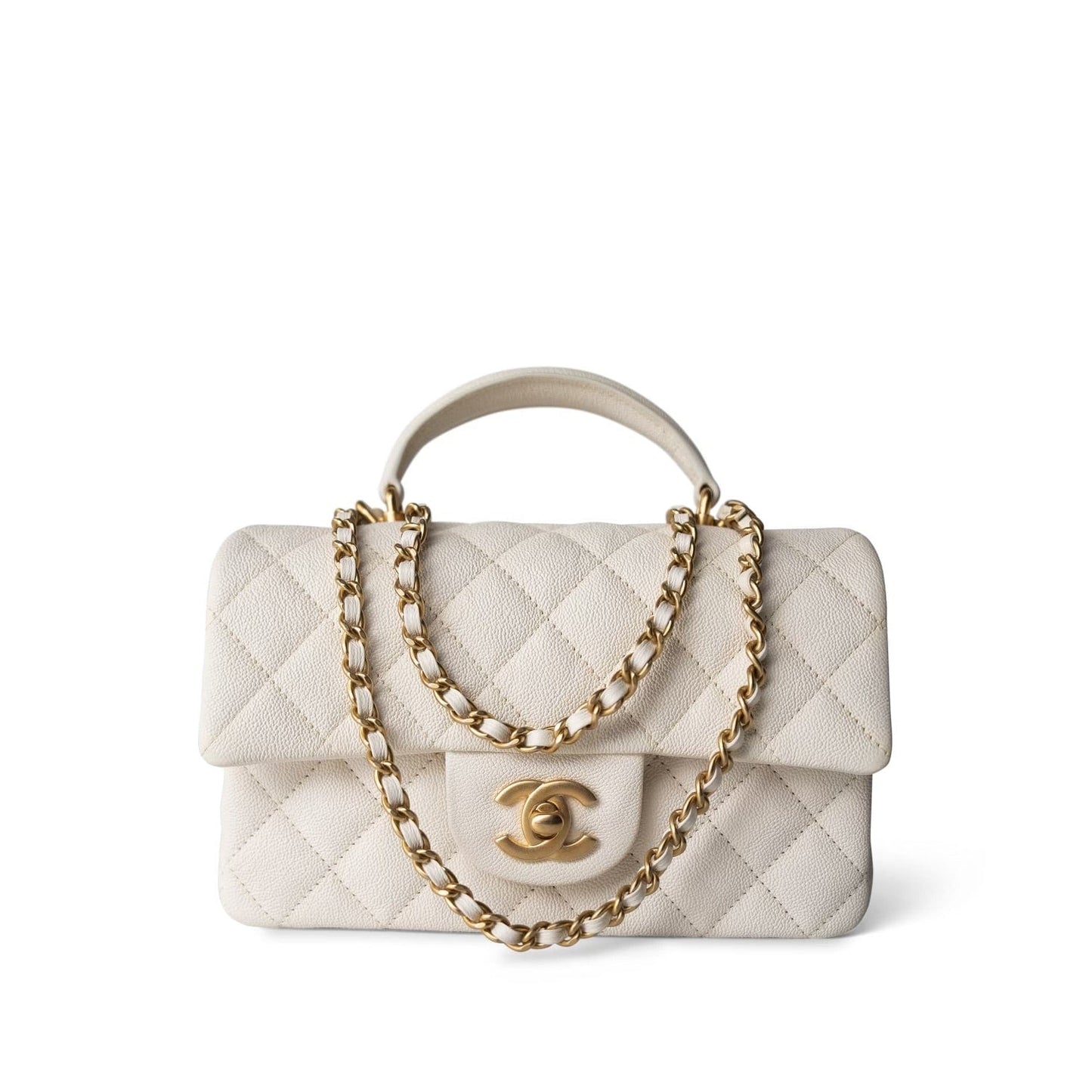 21S Ivory Caviar Quilted Mini Top Handle Antique Gold Hardware