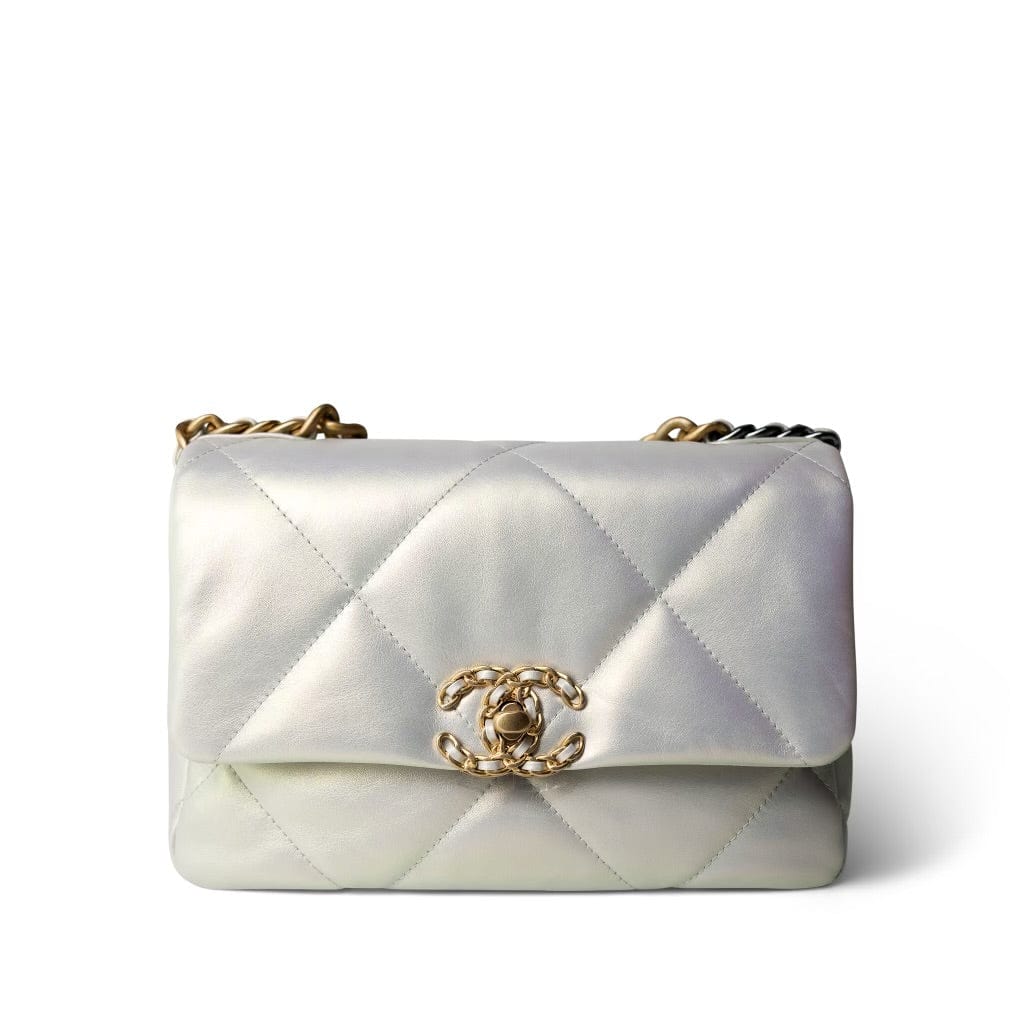 21P Iridescent White Lambskin Quilted 19 Flap Small Mixed Hardware