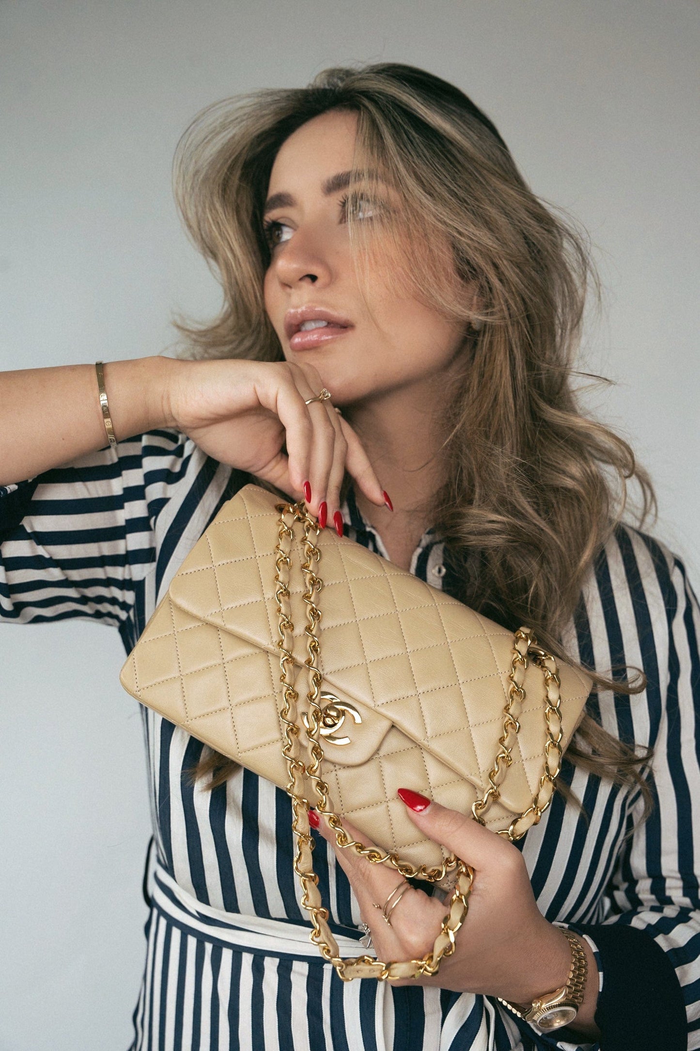 Vintage Beige Lambskin Quilted Classic Flap Small GHW