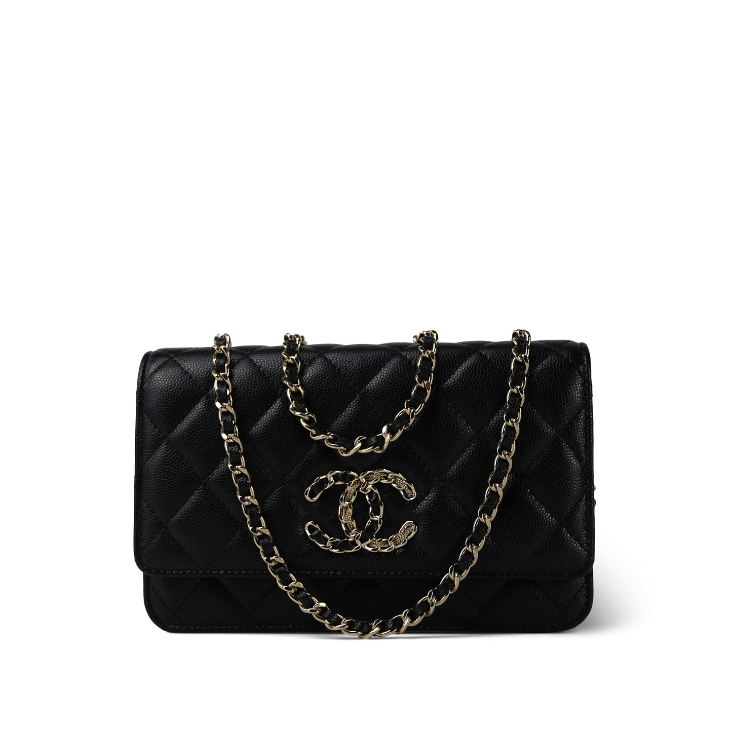20K Black Caviar Quilted Wallet on Chain French New Wave Chain CC WOC Light Gold hardware