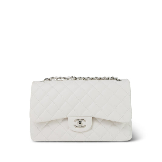 21S White Caviar Quilted Jumbo Classic Flap Silver Hardware