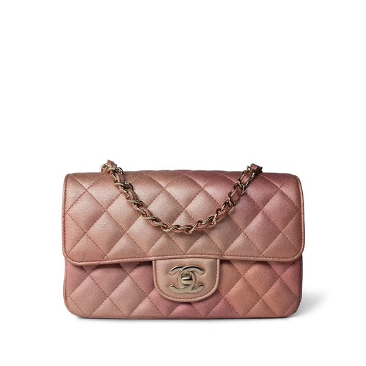 21S Metallic Rose Gold Grained Lambskin Quilted Mini Rectangular Flap