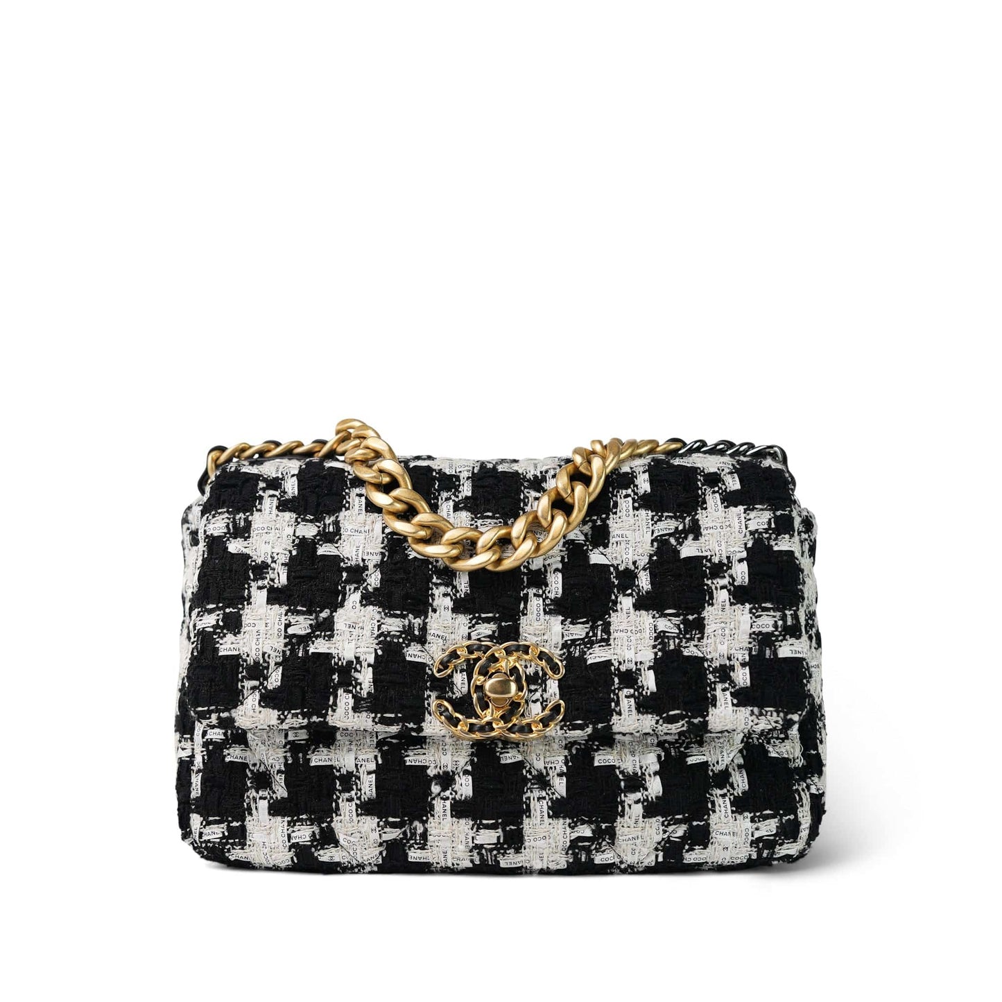 20S Ecru Black & White Ribbon Tweed Quilted 19 Flap Small Mixed Hardware