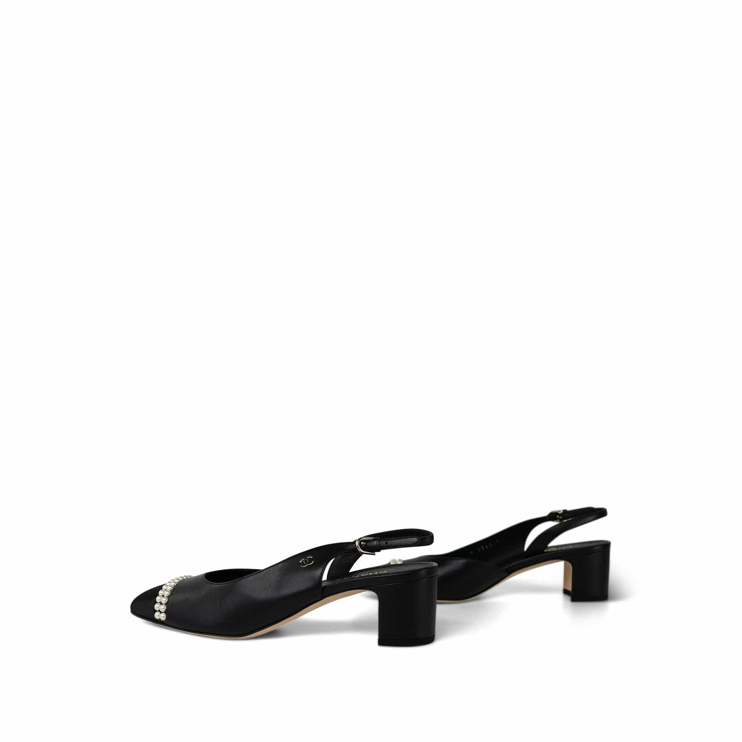 20P Black Lambskin Grosgrain Pearl Cap Toe CC Slingback Pumps Size 39.5