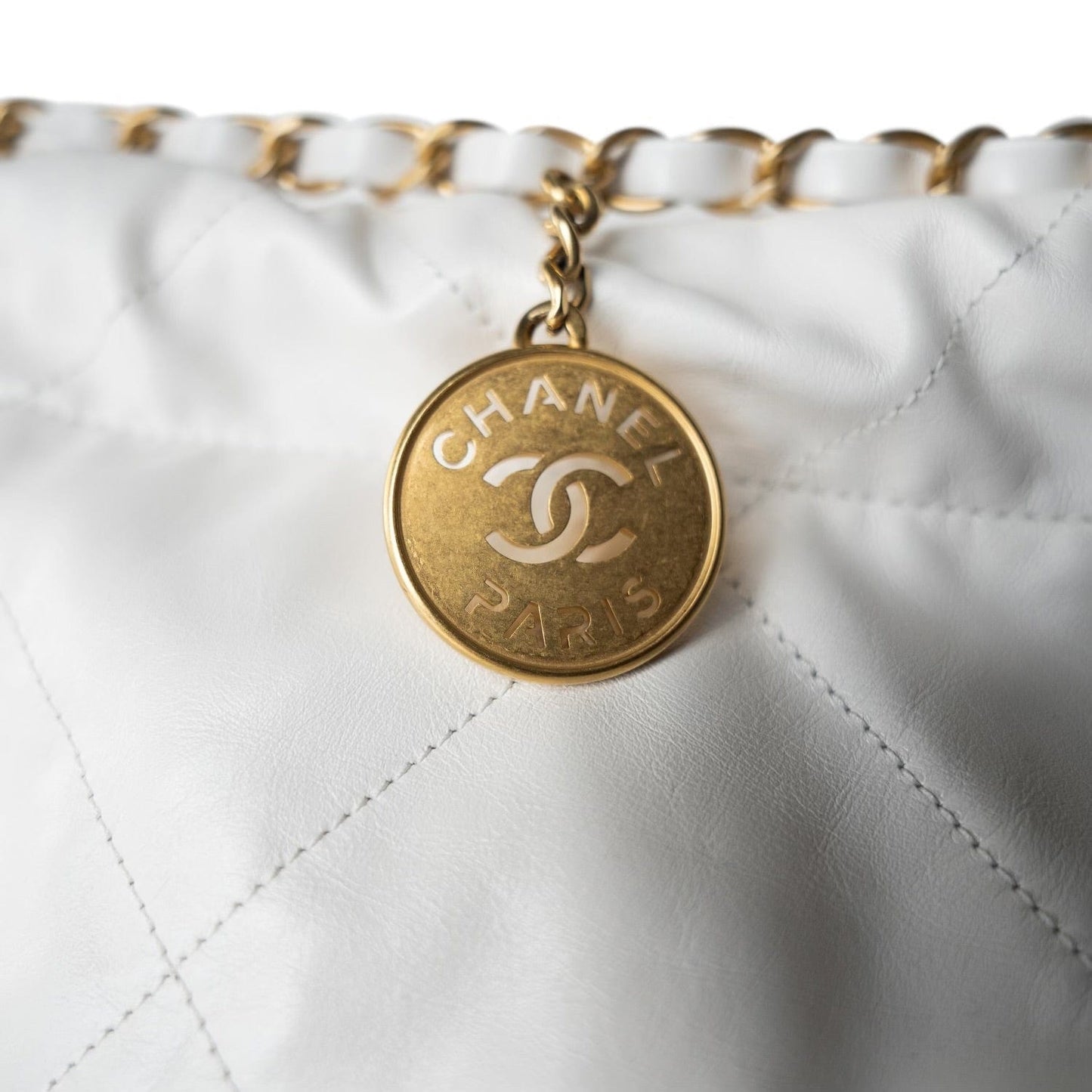 White Calfskin Quilted 22 Hobo Bag Medium Antique Gold Hardware