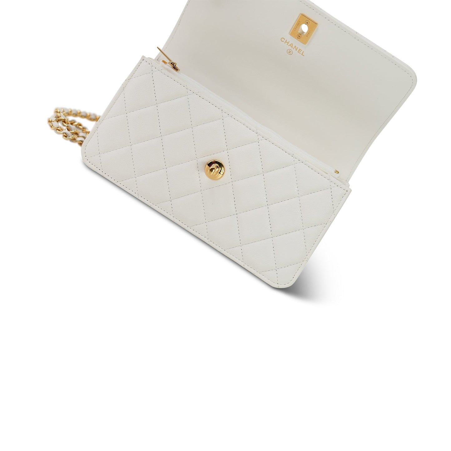 White Caviar Quilted Flap Charm Wallet On Chain WOC Gold Hardware