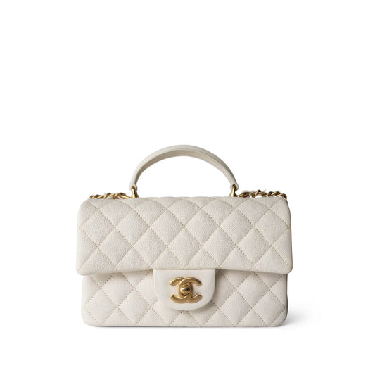 21S Ivory Caviar Quilted Mini Top Handle Antique Gold Hardware