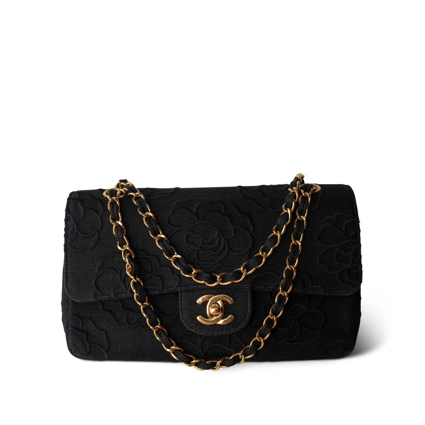 Vintage Black Canvas Camellia Classic Small Double Flap Gold Hardware