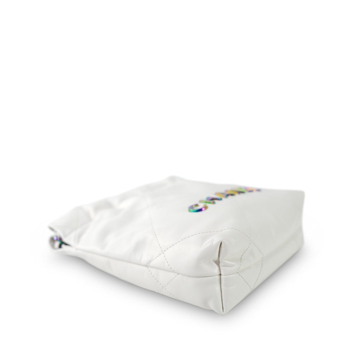 White Calfskin Quilted Mini 22 Bag Rainbow Hardware