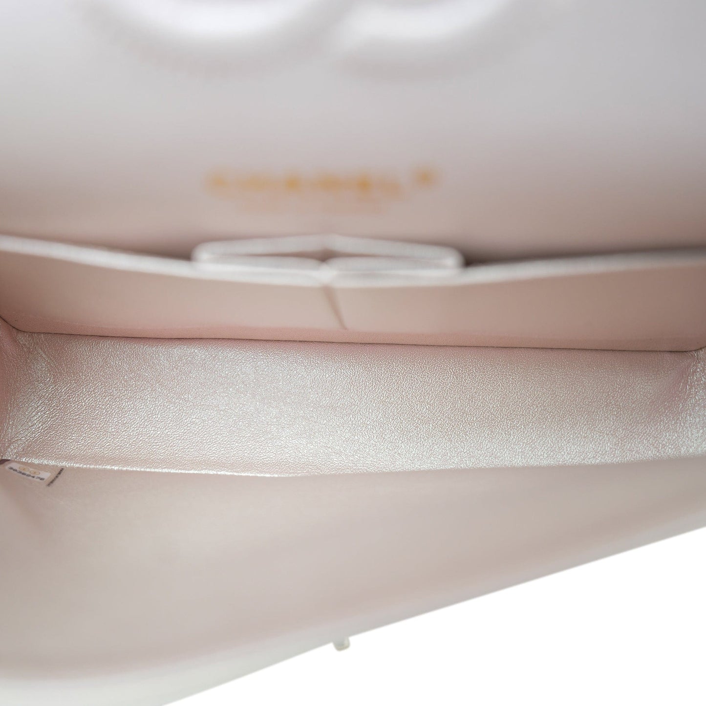 20B Iridescent White Calfskin Quilted Classic Flap Medium Light Gold Hardware