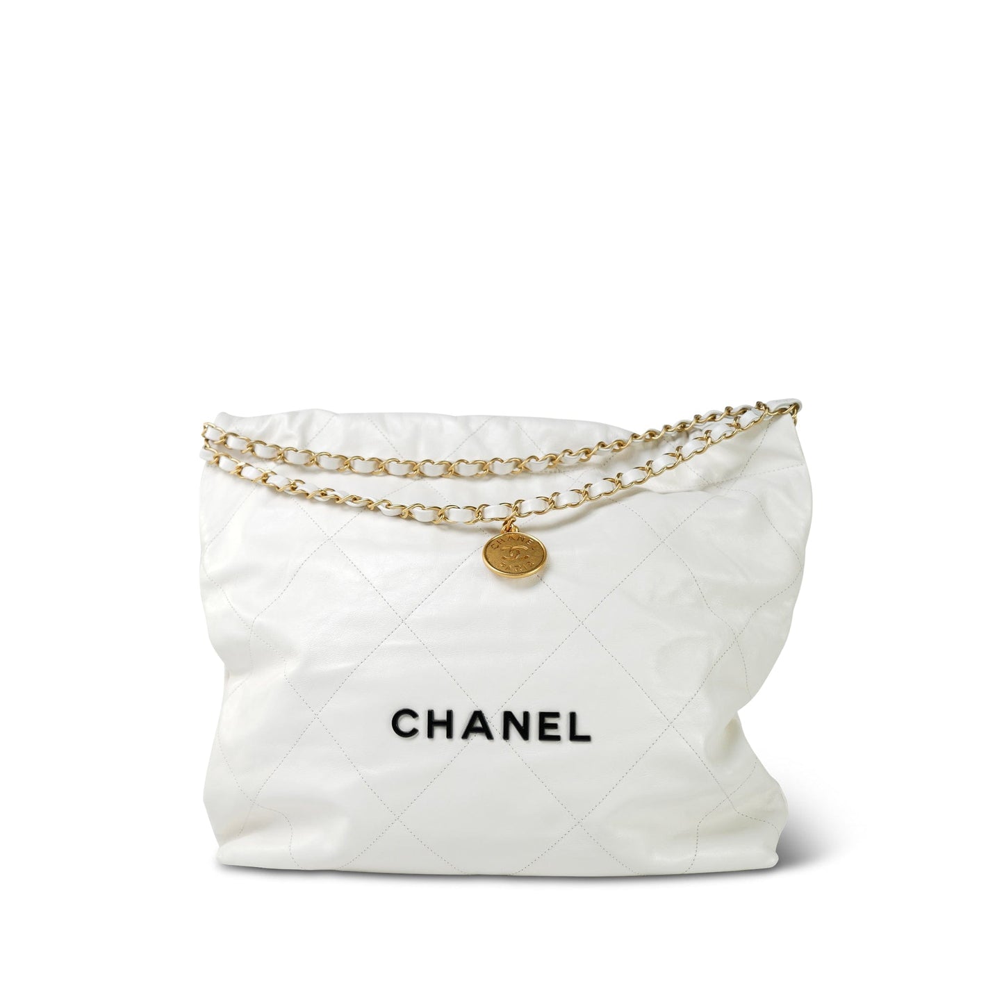 White Calfskin Quilted 22 Hobo Bag Medium Black/Aged Gold Hardware