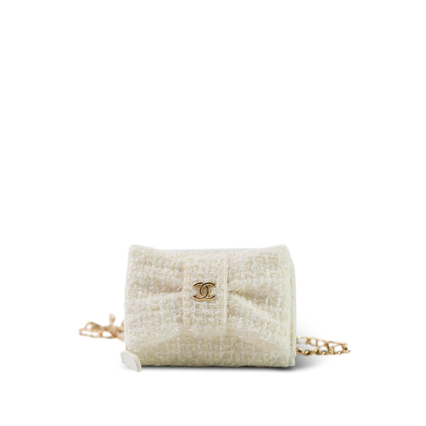 White Tweed Quilted Bow Card Holder On Chain Light Gold Hardware