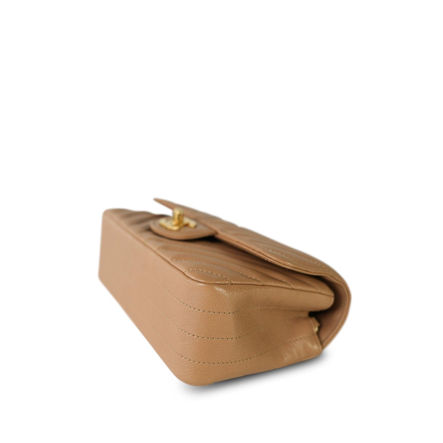 17C Dark Beige Chevron Quilted Mini Rectangular Flap Aged Gold Hardware