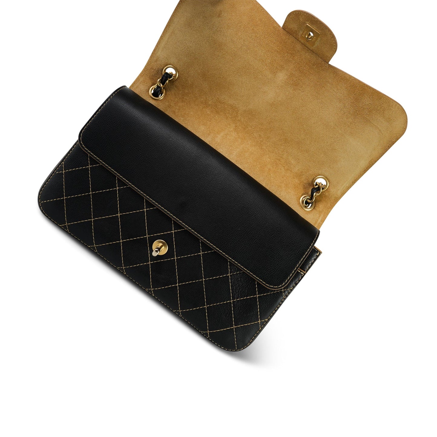 17B Black Calfskin / Tan Suede Wild Stitch Double Flap Jumbo Flap Aged Gold Hardware