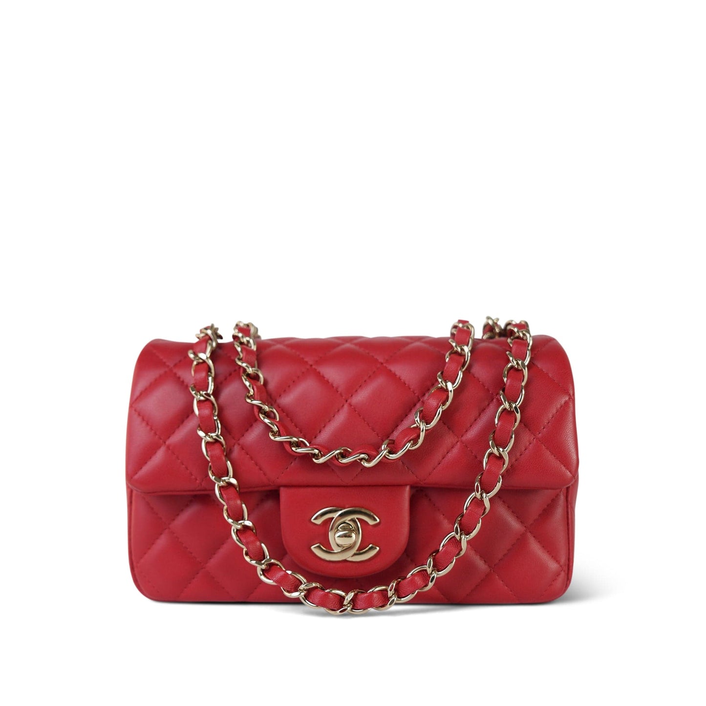 20S Red Lambskin Quilted Mini Rectangular Flap Light Gold Hardware