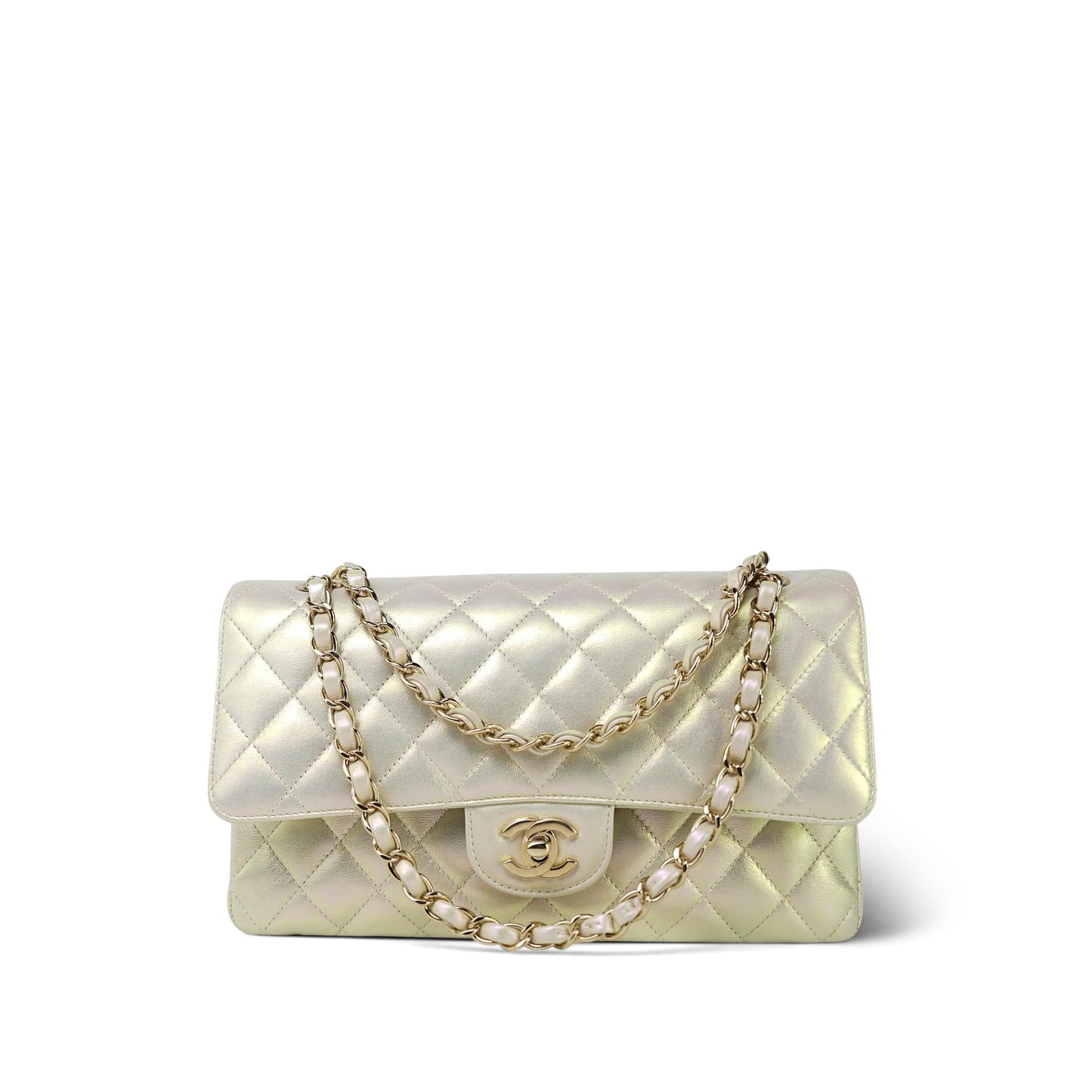 20B Iridescent White Calfskin Quilted Classic Flap Medium Light Gold Hardware