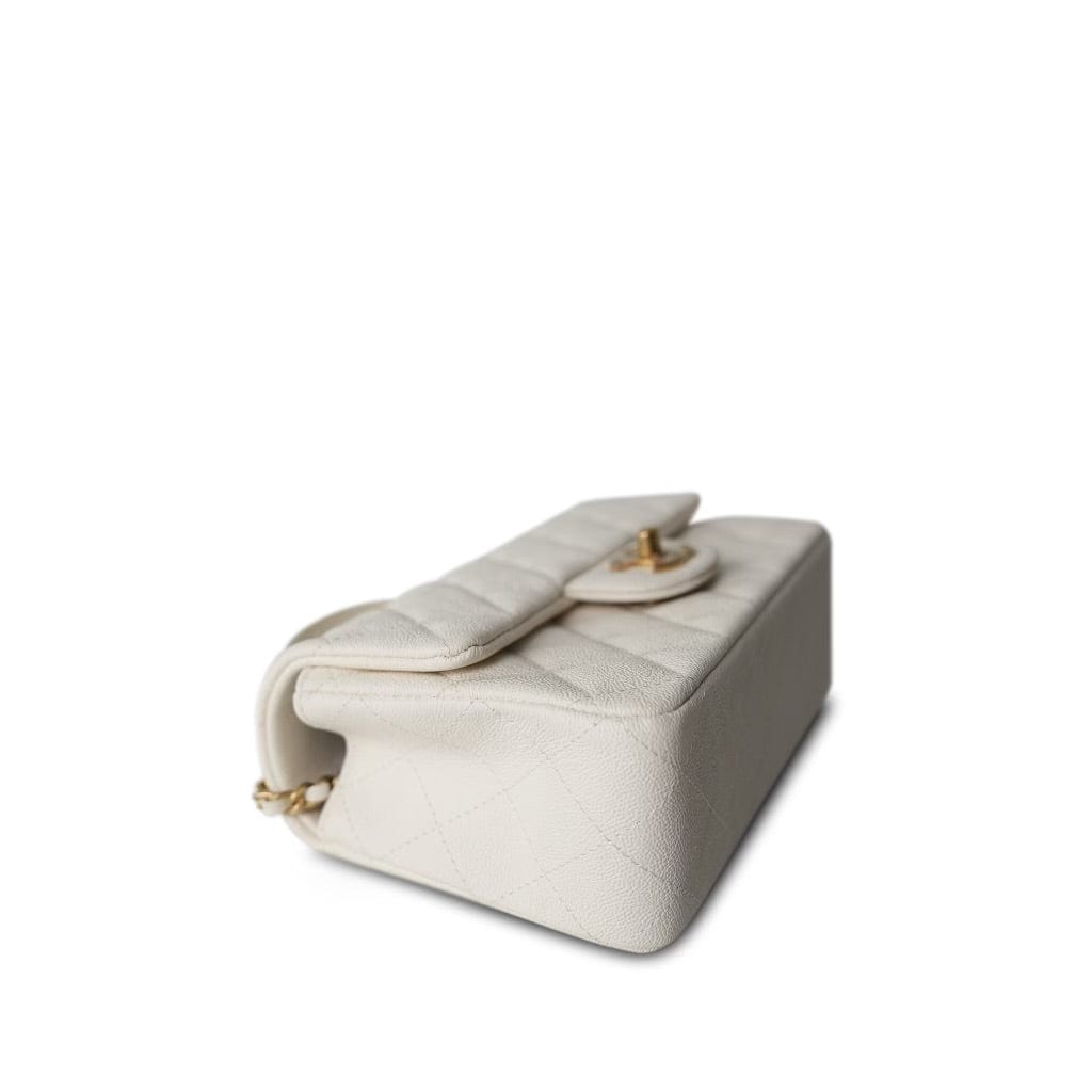 21S White / Ivory Caviar Quilted Mini Top Handle Aged Gold Hardware